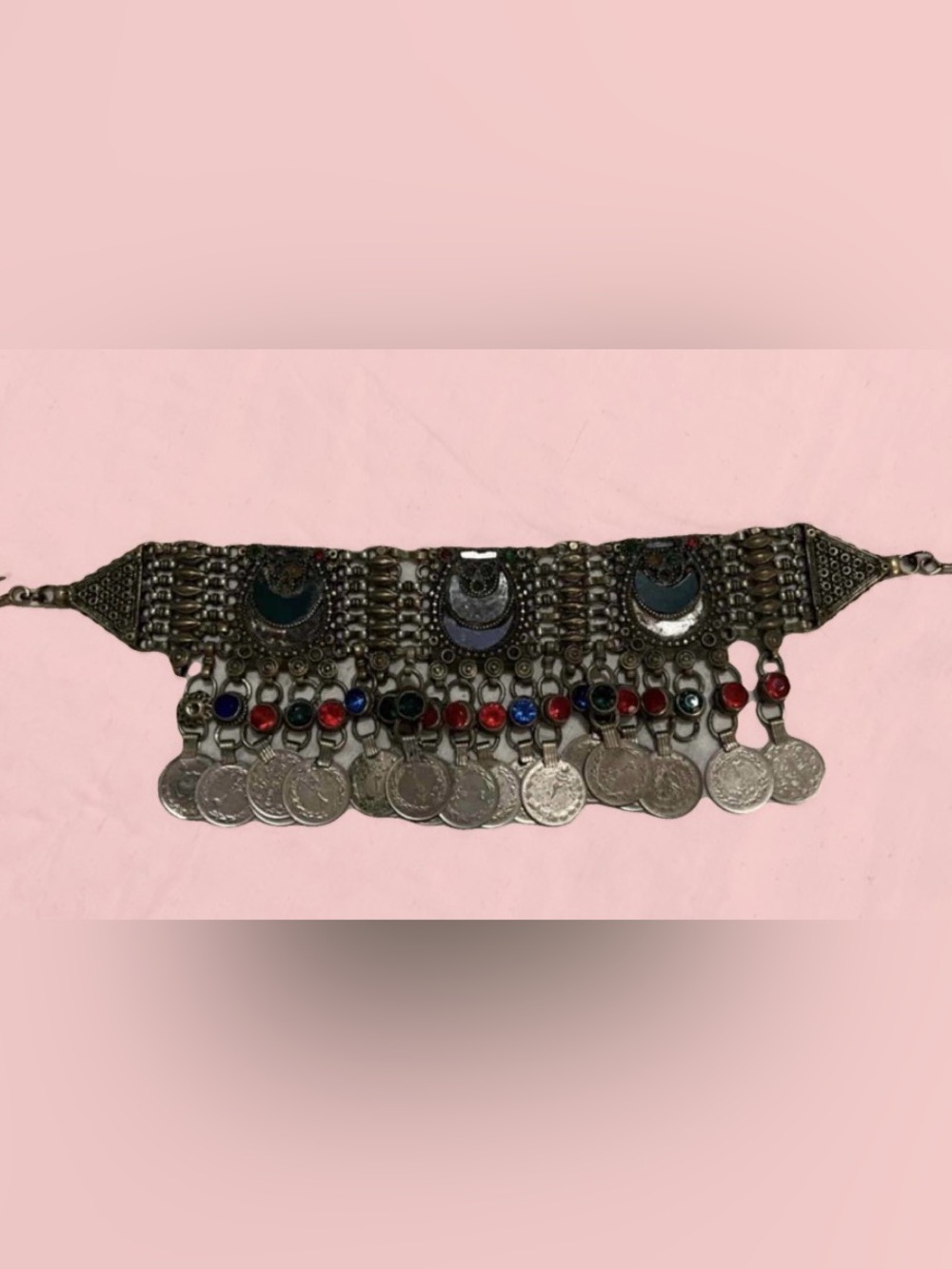 Vintage Afghan Kuchi tribal choker w metalwork, glass, coins Boho Bellydance